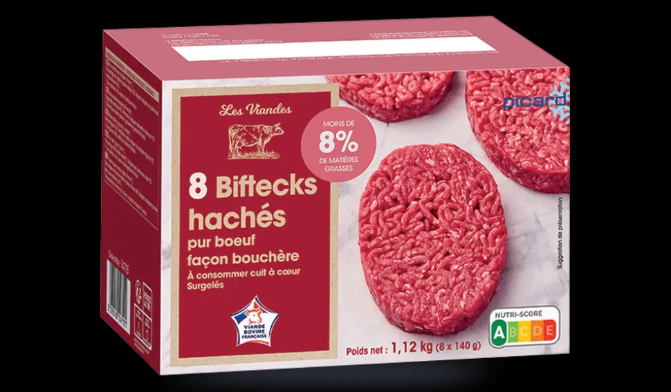 8 biftecks hachés (140g), pur boeuf, 8% M.G maxi