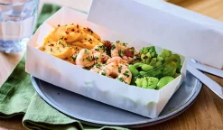 Crevettes purée de patate douce, légumes verts