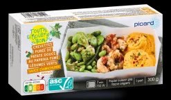 Crevettes purée de patate douce, légumes verts