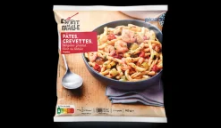 Pâtes, crevettes, courgettes grillées, sauce au basilic