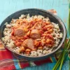 Rougail saucisse, riz lentilles cuisinées