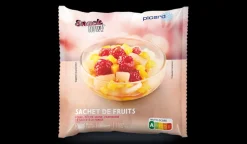 Sachet de fruits poire, pêche jaune, framboise