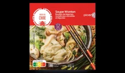 Soupe wonton bouillon légumes, raviolis crevettes